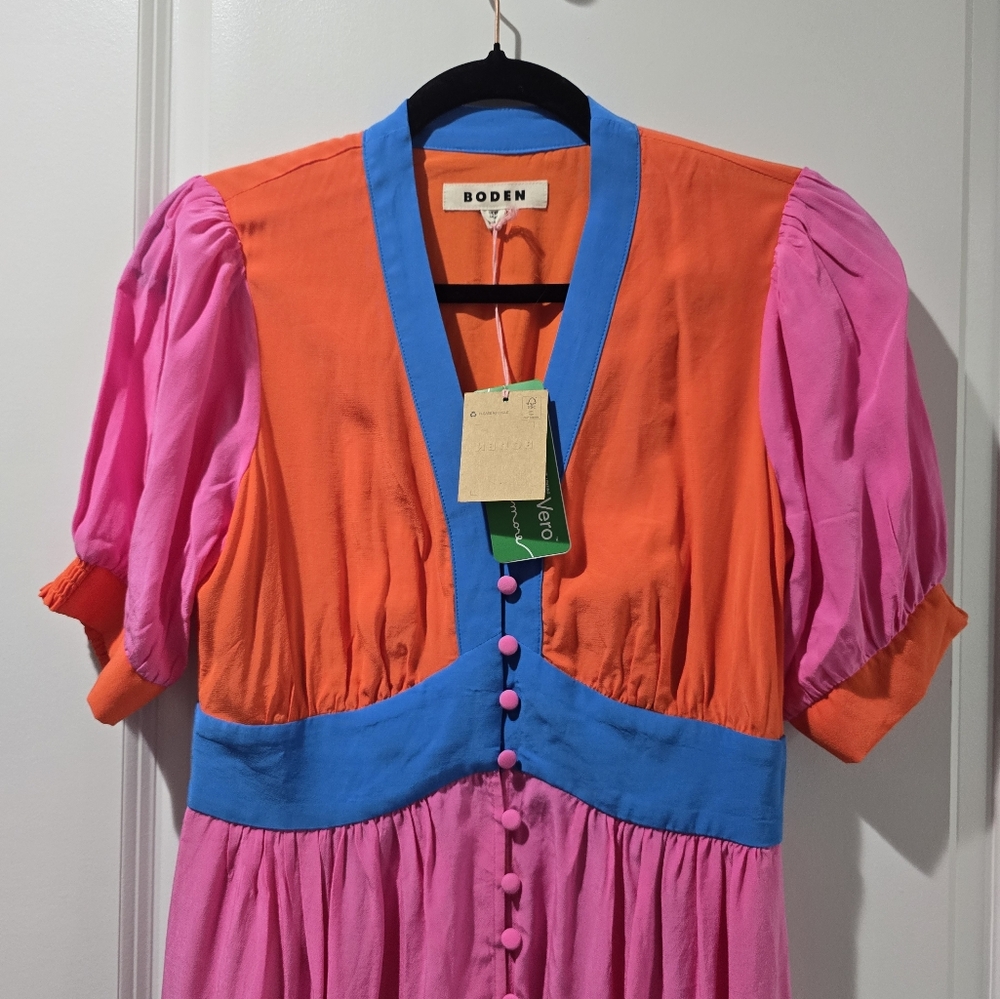 NWT Boden Pink Elsa Midi Tea Dress, Pink, Blue And Orange W/ Buttons - Picture 13 of 13